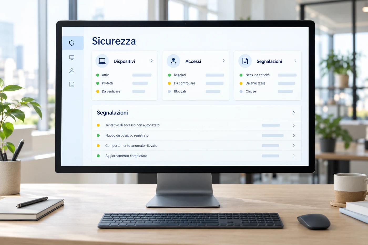 Monitor con dashboard illustrativa per dispositivi, accessi e segnalazioni di sicurezza